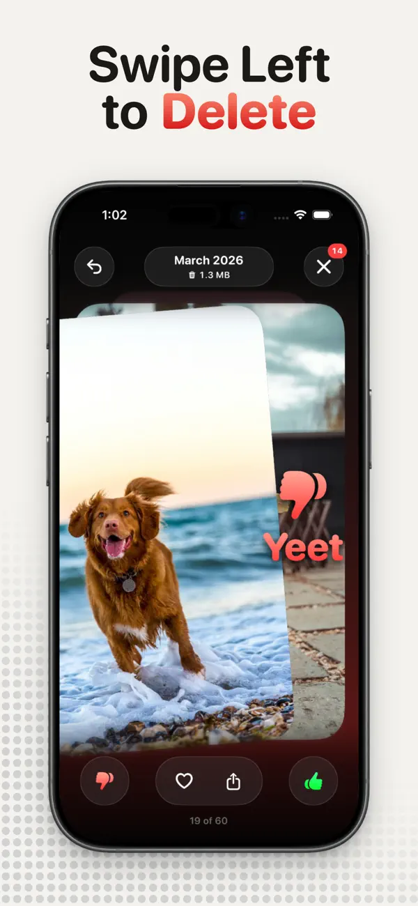KeepYeet swipe left gesture used to mark a photo for deletion